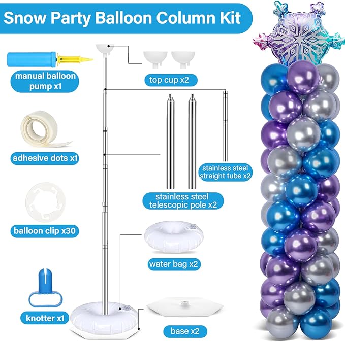 2 Sets Snow Party Balloon Column Stand Kit with 102 Balloons Winter Wonderland 5.57ft Adjustable Balloon Tower Stand with Bases Snowflake Balloons Arch Column for Girl Princess Birthday Party Supplies