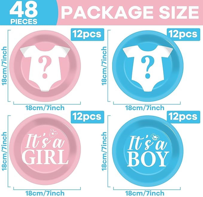 CHUNNIN 48Pcs Gender Reveal Party Paper Plates for Gender Reveal Party Supplies 7" Boy or Girl Pink and Blue Disposable Plates for Baby Shower Newborn Favors Decorations