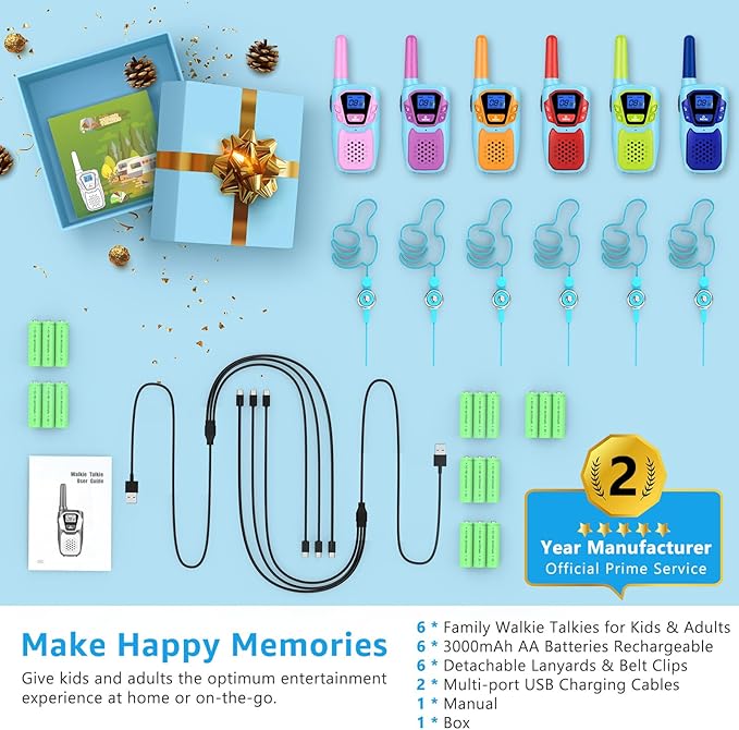 Walkie Talkies for Kids Long Range Walkie-Talkie for Adults Rechargeable 6 Pack with Lanyard NOAA USB, Family Pink 2 Way Radio Toys for 3-12 Year Old Boys Girls Toddlers Camping Skiing