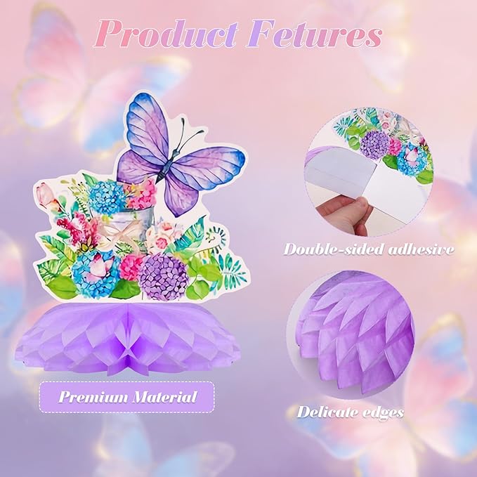 10Pcs Butterfly Centerpieces for Tables Butterfly Flowers Centerpieces Spring Honeycomb Table Decor Spring Flower Toppers for Birthday Party Supplies