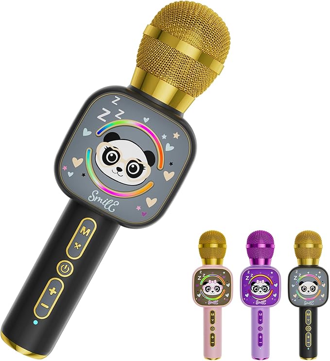Bluetooth Karaoke Microphone Toy for Kids - Mini Portable Speaker with LED Lights, Wireless Pairing (TWS) for Duet Singing, Christmas Birthday Gift Toys for Boys & Girls Ages 2-12 (black - 1)