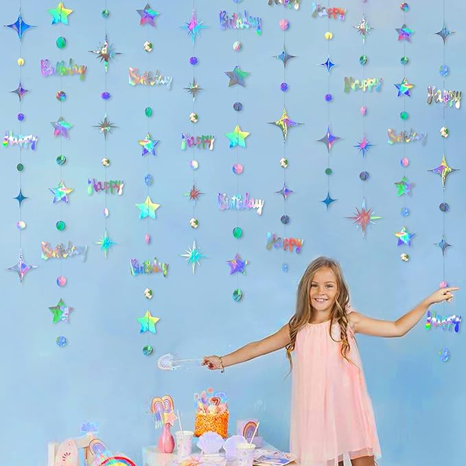 Iridescent Happy Birthday Decorations Happy Birthday Circle Dot Twinkle Star Garland Kit Metallic Holographic Hanging Streamer Bunting Banner Backdrop for Women Mens Kids Birday Party Supplies
