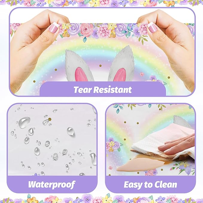 MEHOFOND 3 Pack Bunny Birthday Tablecloth, Disposable Plasticable Easter Table Cloth 54x108 inch, Rainbow Bunny Birthday Party Supplies Spring Easter Table Cover for Party Decor