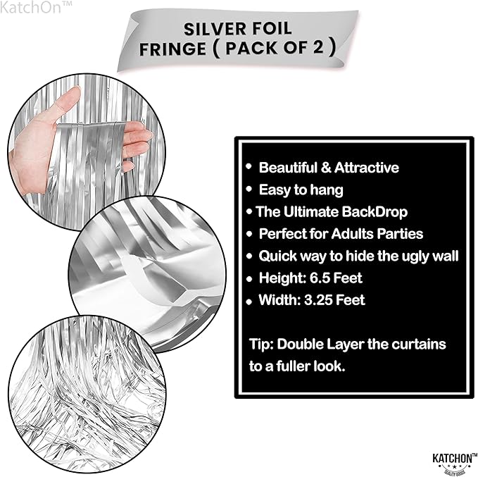 KatchOn, Silver Foil Fringe Curtain - Pack of 2 | Streamers Backdrop for Disco Birthday Decorations | Silver Fringe Backdrop for Bachelorette Party Decorations, Anniversary | Disco Party Decoration