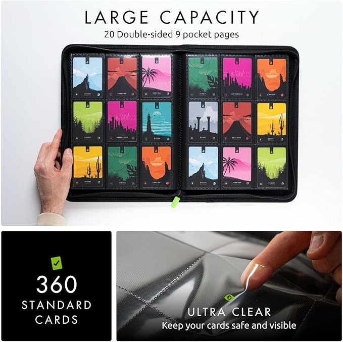 Vault X 9 Pocket Trading Card Zip Binder, 360 Cards, Premium Exo-Tec Album Material, 20 Side-Loading Pages, Folder for Collectible Games, Sports, TCG (Black)