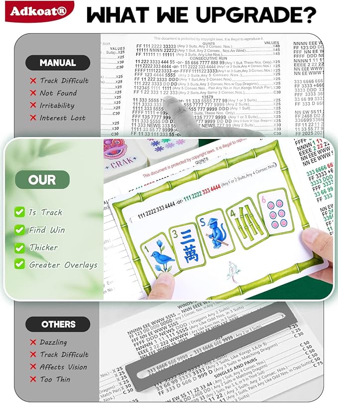 Adkoat® 4PCS Large Mahjong Line Finder - Mah Jongg Card Reader Guided Overlays Tracker - ADHD Dyslexia Aid Tool - Marker Reading Ruler - Warterproof & Portable Mah Jongg Accessories and Gifts