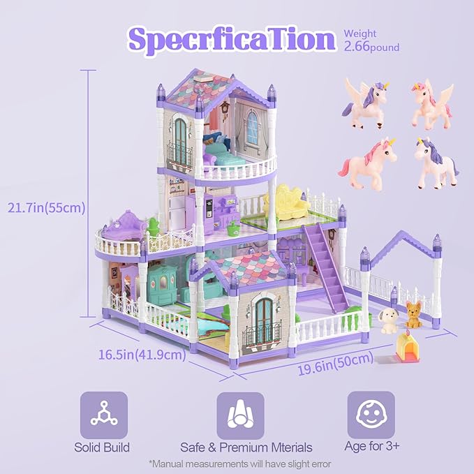 Dollhouse Set with 2 Dolls&4 unicons Dreamy Doll House with 9 Rooms 3 Floors 2 Pets, 12 Pieces Furniture and Accessories, Birthday Princess Dollhouse for Girls for 3 to 12 Years Old