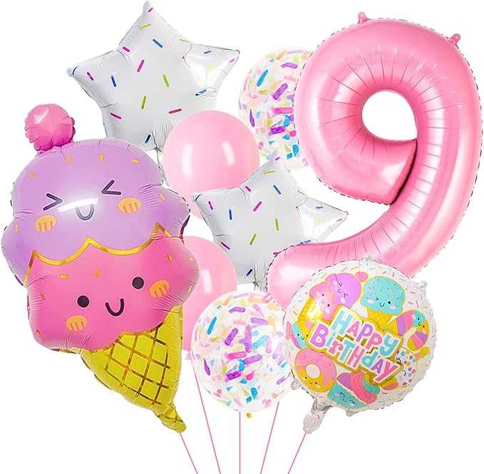 Pink Ice Cream Balloons, Number 9 Balloon, 9th Birthday Decorations for Girls, Ice Cream Balloon for Girls Birthday Party Decoration (9)