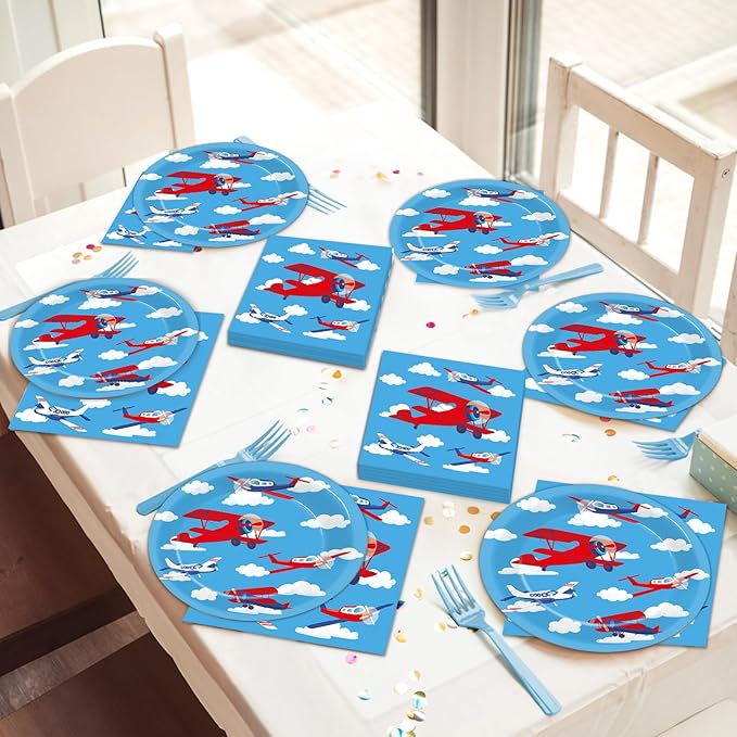 Qyeahkj 50 Guests Airplane Party Plates and Napkins Tableware Set Plane Birthday Party Supplies Blue Helicopter Dinnerware Favors Decorations for Baby Shower Boys Kids