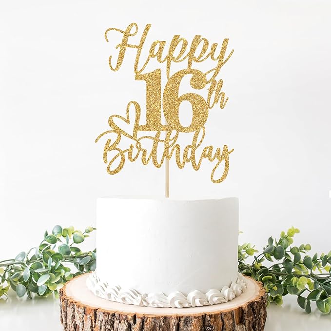Happy 16th Birthday Cake Topper, 16th Birthday Decorations, Sweet Sixteen, Cheers to 16 Years, 16th Happy Birthday Party Decorations Supplies Gold Glitter