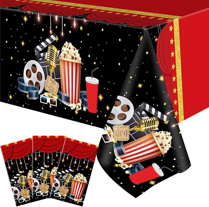 Buryeah 3 Pieces Movie Night Tablecloth Plastic Table Covers Movie Theater Table Cloth for Party Supplies Red Carpet Birthday Party Decor, 54 x 108 Inch
