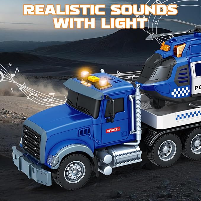 21" Semi Police Truck Toy with Helicopter & Racing Car,Toddler Boy Toys for 3 4 5 6 Years Kids,Friction Powered Truck Vehicle with Lights & Sounds for Boys Girls Christmas Birthday Gifts