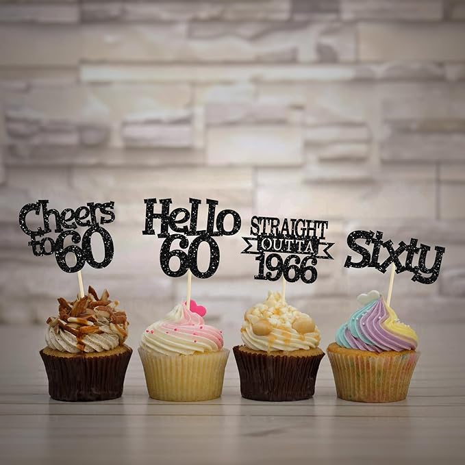Ephlyn 24Pcs Happy 60th Birthday Cupcake Toppers Glitter Straight Outta 1966 Cupcake Picks Hello 60 Cheers to 60 Years Birthday Cake Decorations for 60th Birthday Anniversary Party Supplies Black