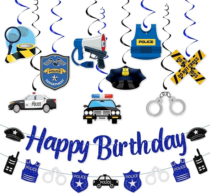 Zwiebeco Blue Black Silver Police Happy Birthday Banner Bunting Hanging Paper Swirls Garland Party Decorations for Boys Girls Kids Womens Mens Adults Police Themed Bday Decor Accessories Supplies