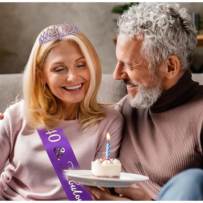 CIEHER Purple 40th Birthday Celebration Kit - 40th Birthday Sash and Tiara Set, Party Favors, Decorations and Cake Topper