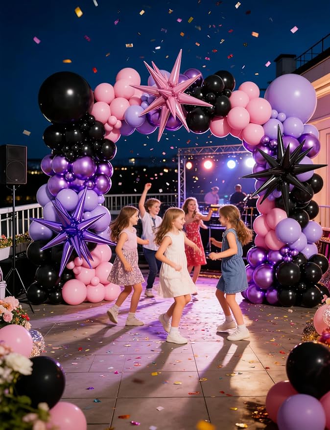 Pink and Purple Balloon Arch Garland Kit, 109PCS Pink Purple Black Balloons with Starburst Foil Balloons, Trendy Music Birthday Decorations for Girls and Teens, Concert and Movie Fans Party Supplies