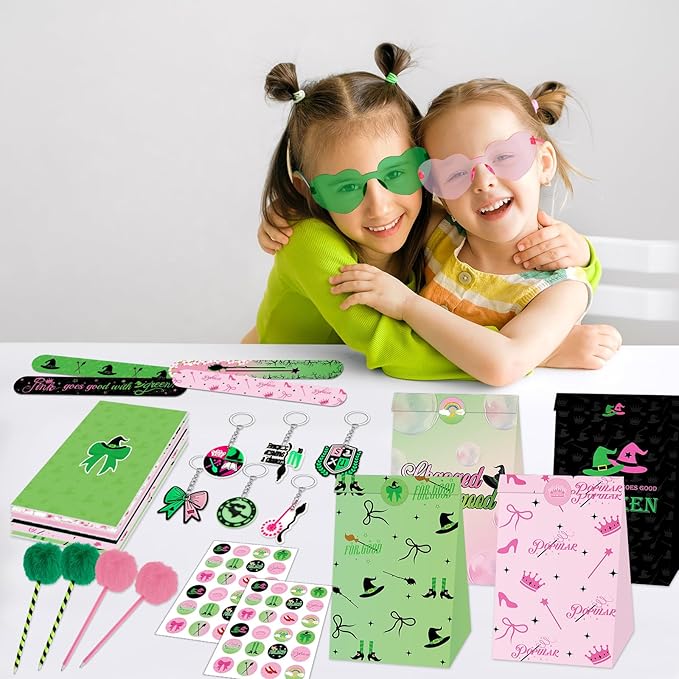 84pcs Pink and Green Witch Party Favors Birthday Decorations Pens Notepads Sunglasses Paper Gift Bag Key Chains Slap Bracelet Sticker Halloween Themed Party Supplies for Kids Student Gift School Party
