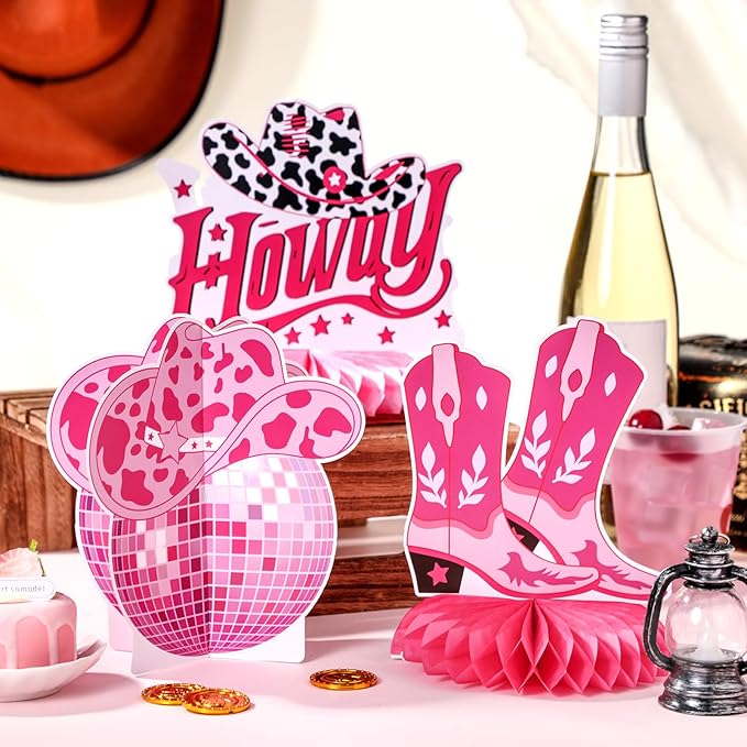 12 Pcs Western Cowgirl birthday Party Decorations Honeycomb Centerpieces Western Let's Go Girls Table Decoration Pink Disco Cowgirl Table Topper for Bachelorette Party Favors Supplies
