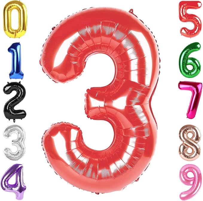 40 Inch Red Number 3 Balloon, Giant 3 Number Balloons for 3rd Birthday Decorations, Party Supplies for Baby Boy Girl, Red Party Decor
