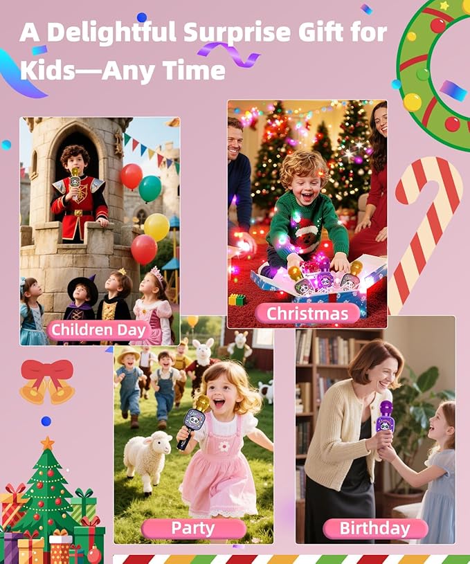 Bluetooth Karaoke Microphone Toy for Kids - Mini Portable Speaker with LED Lights, Wireless Pairing (TWS) for Duet Singing, Christmas Birthday Gift Toys for Boys & Girls Ages 2-12 (Pink - 1)