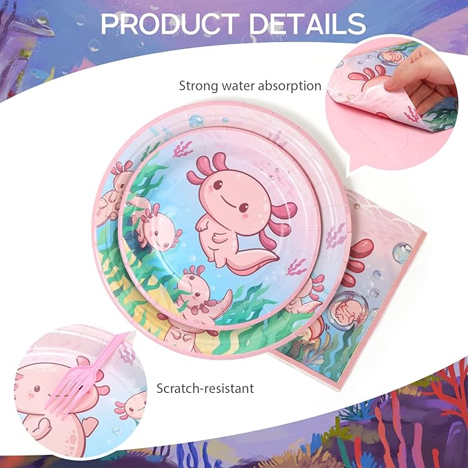 96Pcs Axolotl Birthday Decorations Pink Cartoon Animals Paper Plates and Napkins and Forks for 24 Guest Picnic Baby Shower Kids Birthday Party Supplies
