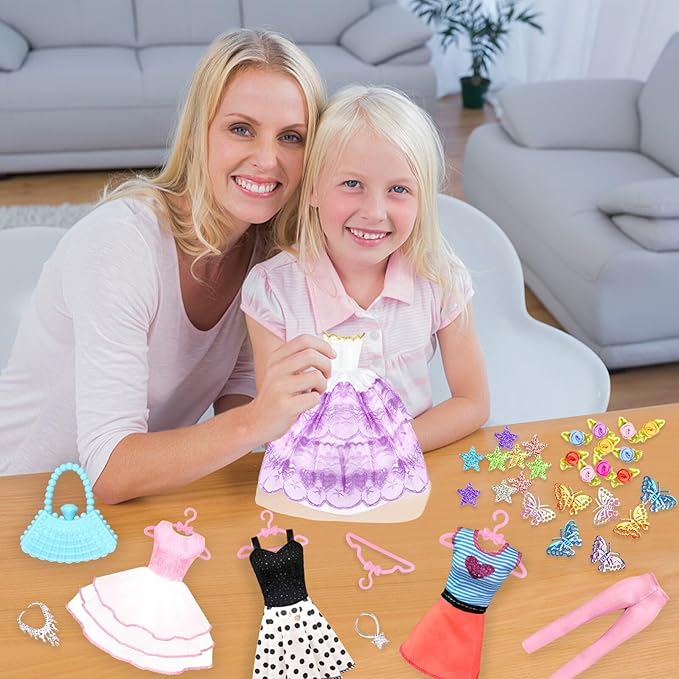 84 Pack Doll Clothes and Accessories with Doll Closet for 11.5 Inch Doll Fashion Design Kit Girl Including Wedding Dress Fashion Dress Outfits Tops and Pants Shoes Hangers Bags Necklaces