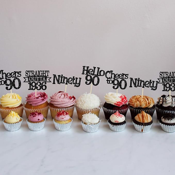 Ephlyn 24Pcs Happy 90th Birthday Cupcake Toppers Glitter Straight Outta 1936 Cupcake Picks Hello 90 Cheers to 90 Years Birthday Cake Decorations for 90th Birthday Anniversary Party Supplies Black