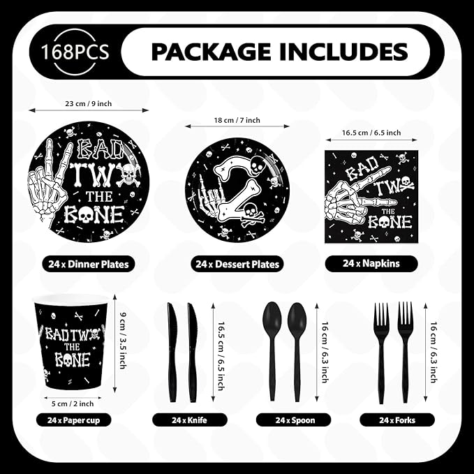 168Pcs Bad Two The Bone Birthday Party Supplies Rock And Roll Plates Napkins Cups Music Theme Tableware Sets 2 Years Old Decorations for 2nd Birthday Baby Shower Party Decorations Serves 24