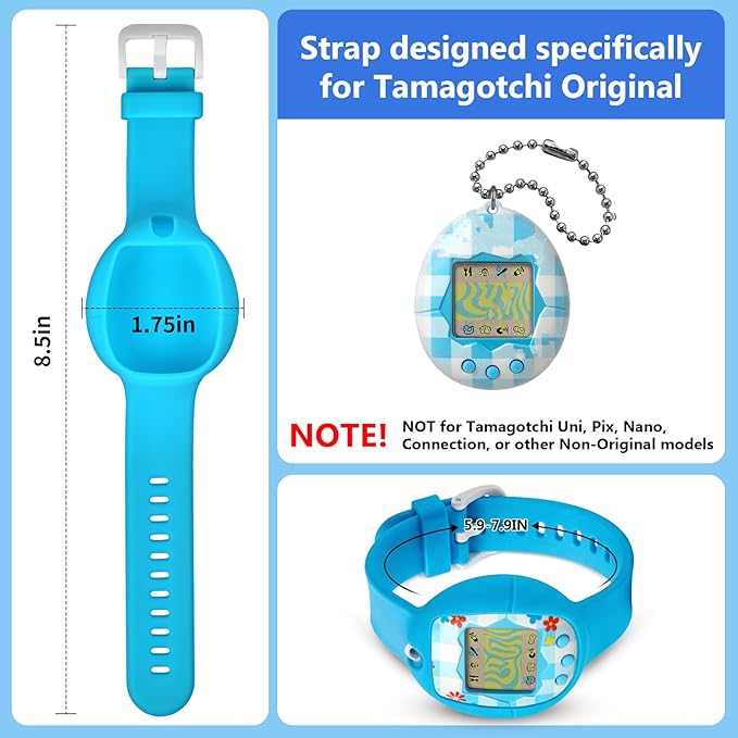 Soft Silicone Wristband for Tamagotchi Original, for Gen 1/2, Neon, Retro Flowers, 90s, Fresh Strawberry, Adjustable Anti-Drop Strap for Kids, Teens, Adults, Parents & 90s Nostalgia Lovers (Blue)