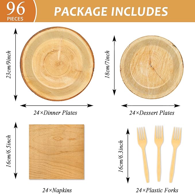 Wiooffen 96 PCS Brown Paper Tableware Set - Rustic Wood Tree Party Supplies for 24 Guests, Includes Plates, Forks, Napkins for Camping, Hunting Theme