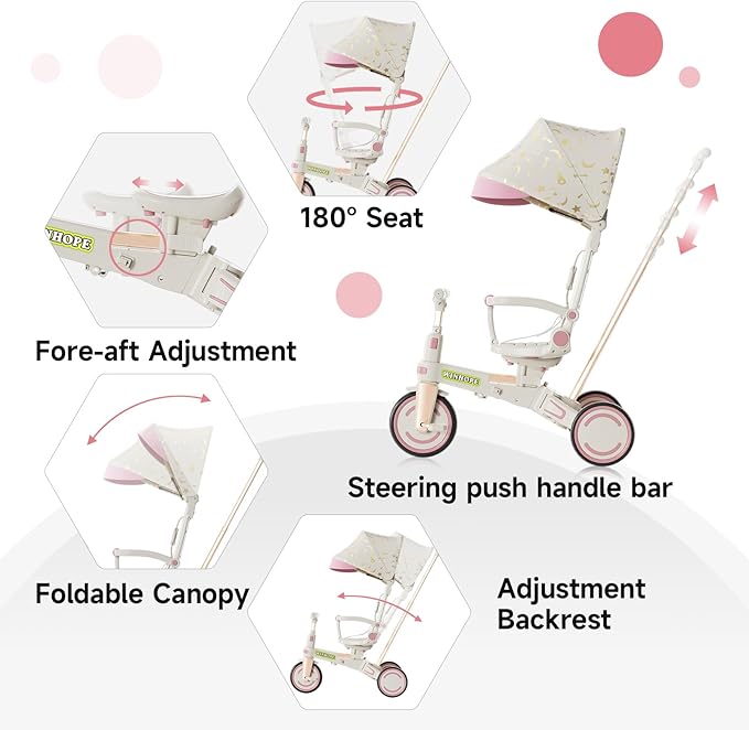 WinHope 9-in-1 Push Tricycle for Toddlers 1-3 Years, Convertible Kids Trike with Push Handle & Safety Belt, One-Client Foldable Design + Storage Basket, Birthday Gift and Toy for Boys and Girls(Pink)