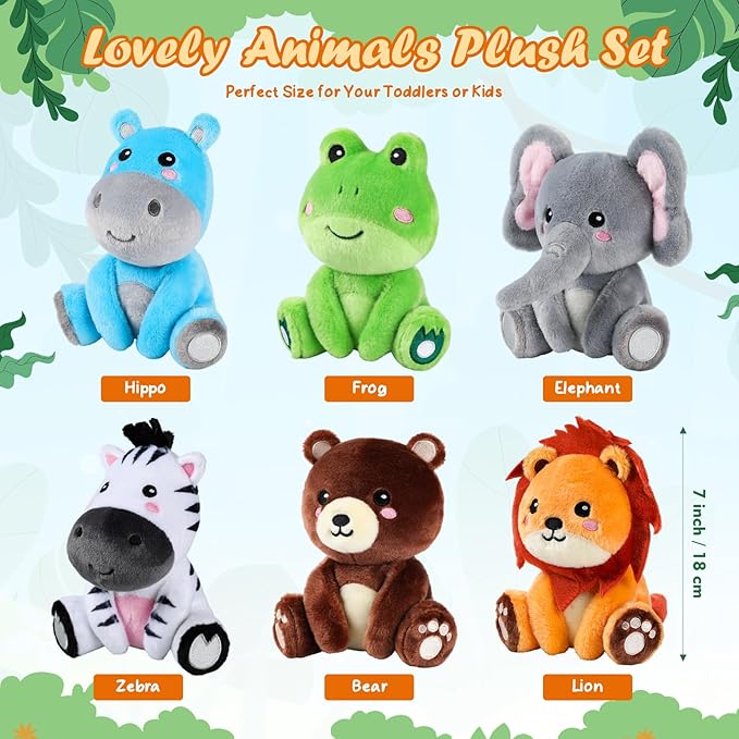 6 Pcs Forest Animals Toys 7 Inch Zebra Lion Hippo Bear Elephant Frog Large Stuffed Animals Bulk for Woodland Baby Showers Party Decor Birthday Gifts Classroom Teacher Student Awards