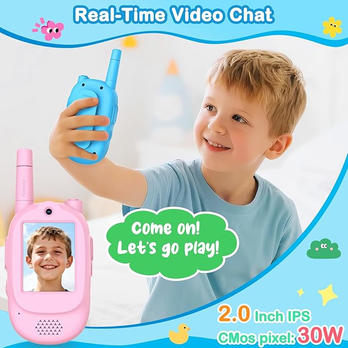 Video Walkie Talkies for Kids, 2 Pack Rechargeable Real-Time Video Chat & Voice Changer Walkies Talkies with Watch Straps, Long Range Family Games, Outside, Gifts for Boys Girls Ages 3-12 Blue&Pink
