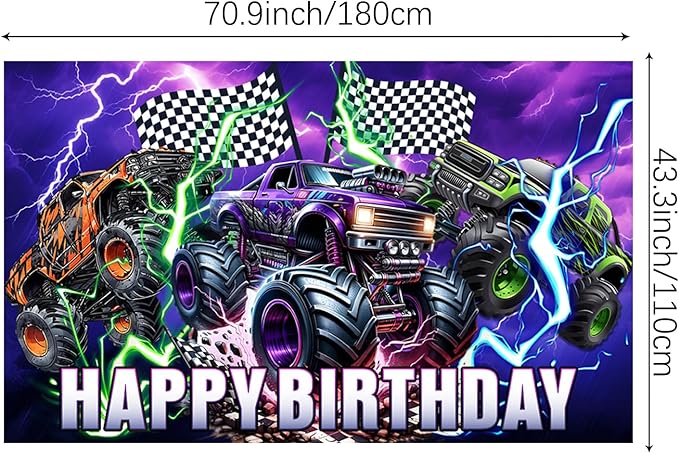 150Pcs Monster Truck Birthday Decorations，Monster Truck Party decorations，Monster Truck Birthday Party Supplies，Include Balloon arch,Backdrop, Cake Toppers，Tableware, Tablecloth