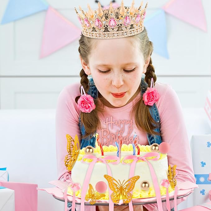 Hooqict 24Pcs Crown Cake Decorations Set with Pink Bows Gold Butterflies Happy Birthday Crown Cake Toppers & Cupcake Toppers for Girls Women Pastel Princess Queen Birthday Party Decorations Supplies