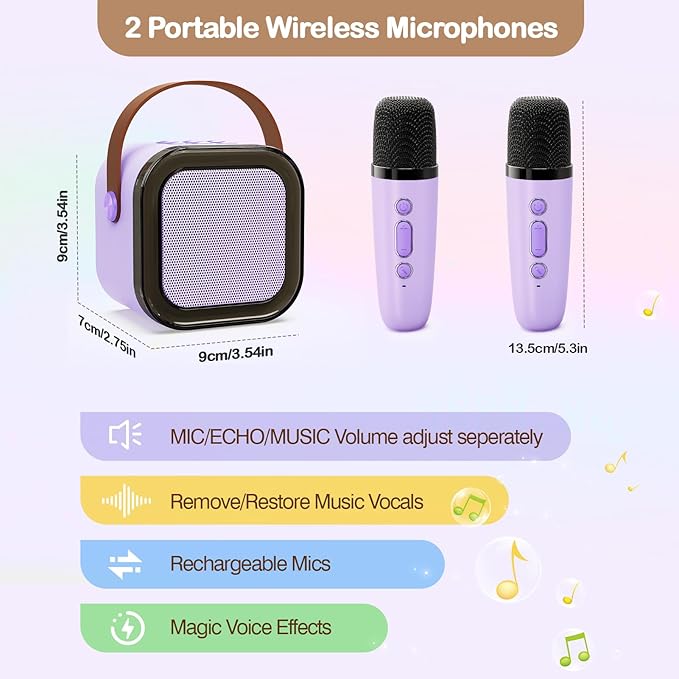 ShinePick Kids Karaoke Machine with 2 Wireless Microphones Portable Bluetooth Mini Karaoke Machine Speaker Kids Toys Christmas Birthday Gift for 3 4 5 6 7 8 9 10 11 12+Year Old Girls Boys (Purple)