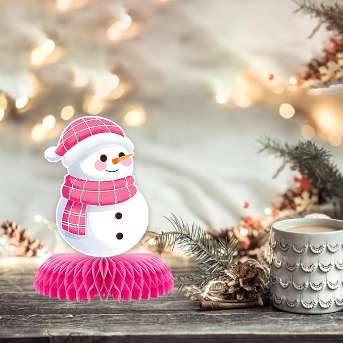 9Pcs Winter Wonderland Decorations 3D Snowflake Honeycomb Table Centerpieces for Frozen Winter Blue White Theme Christmas Baby Shower Birthday Party Supplies (Snowman Pink)