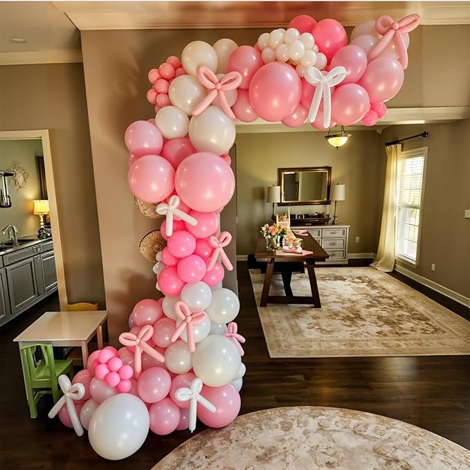 Pink and White Balloon Arch Kit,Baby Pink Clear Long Balloons for Girl Light Pink Latex Bow Birthday Party Decorations Wedding Baby Shower Bridal Engagement Anniversary Pink Bow Decor