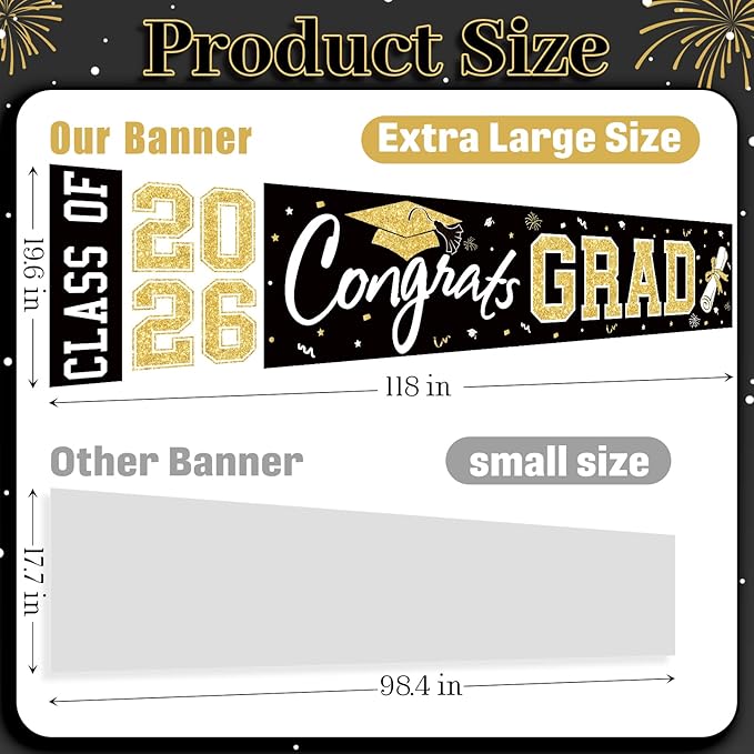 Graduation Banner Class of 2026 - Large Congrats Grad Yard Sign 2026 Black Gold Congrats Grad Banner Fence Yard Sign for Graduation Decorations Party Supplies