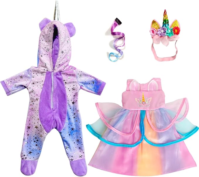 2-Sets 18-inch Doll-Clothes Set - Unicorn Clothes with Hair Clip and Headband - Compatible with All 18 inch Dolls Accessories for Kids