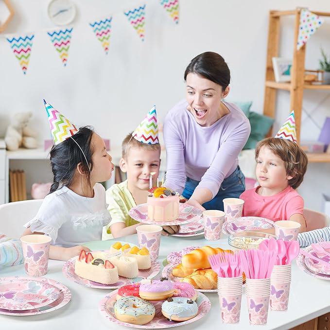 350 Pcs Butterfly Party Supplies Tableware Set Disposable 9'' 7'' Paper Plates 9 oz Cups Cutlery Napkins Dinnerware Set for 1st Birthday, Serve 50 (Butterfly, Purple, Pink)