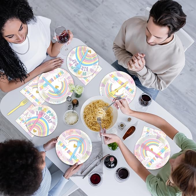 96PCS Boho Pastel Rainbow Party Paper Plates and Napkins for Rainbow Cloud Theme Party Dessert Cake Plates Disposable Decor Girls Happy Birthday Set for Kids Birthday Gatherings Decorations
