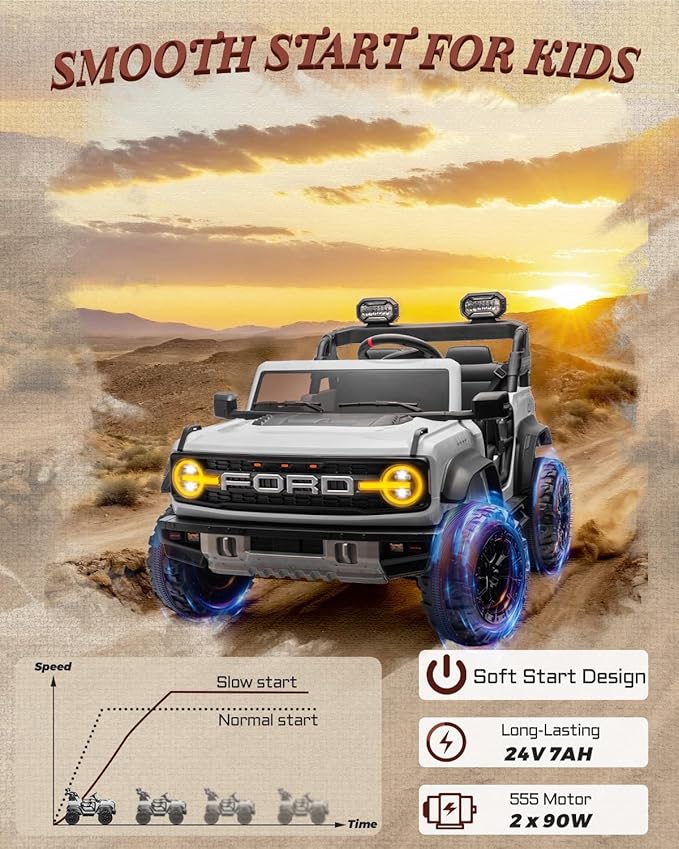 First Ride On Licensed Ford Bronco Raptor 24V 2 Seater Kids Ride on Toys, Battery Powered Electric Ride on Car, Remote Control Electric Car w/Led Lights, Music, High Low Speed (24V, White)