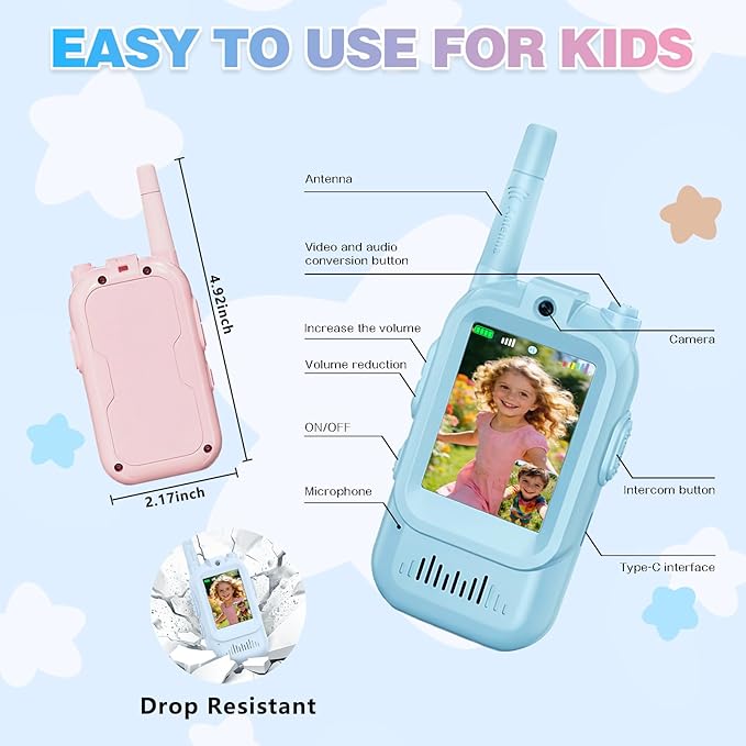 Kids Video Walkie Talkie Set, Handheld Rechargeable Video Walkie-Talkie Toy, 1000-Foot Communication Range, Fun Toy for Indoor/Outdoor Play, Camping, Hiking, Travel for Children Ages 3-12 (Blue/Pink)