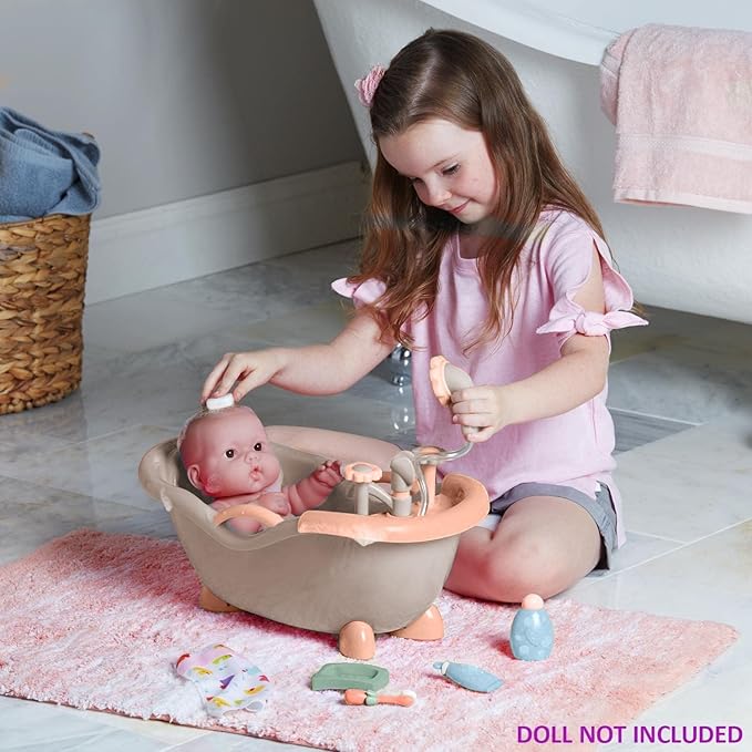 JC Toys - for Keeps Playtime! | Baby Doll Real Working Bath Set | Fits Dolls up to 16" | Shower and Faucet Really Work | Play Accessories | Ages 2+ | Earth Tone Colors