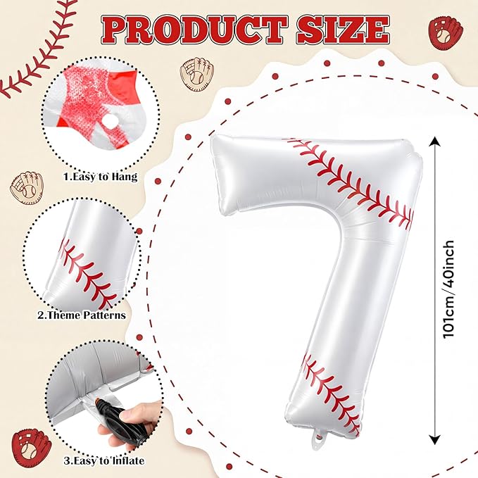 Jenaai Baseball Number 7 Balloons 40 Inch Baseball Theme Birthday Party Decorations Large Foil Balloons for Birthday Baby Shower Party Backdrop Celebration Supplies