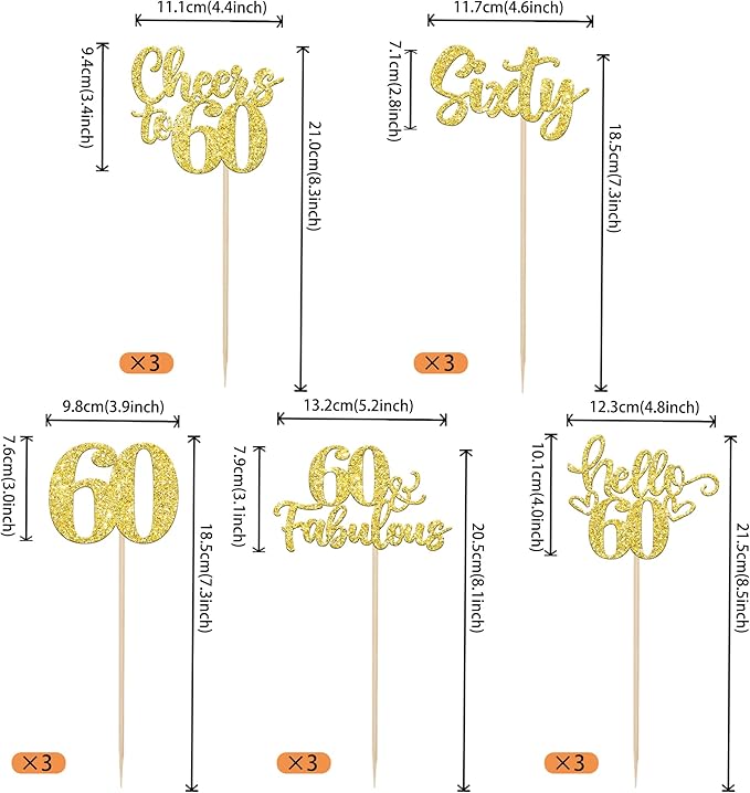 15PCS Happy 60th Birthday Centerpiece Sticks Hello 60 Fabulous Table Flower Centerpieces Sticks Sixty Cheers to 60 Years Floral Decoration for Happy 60th Birthday Party Centerpieces Sticks Gold
