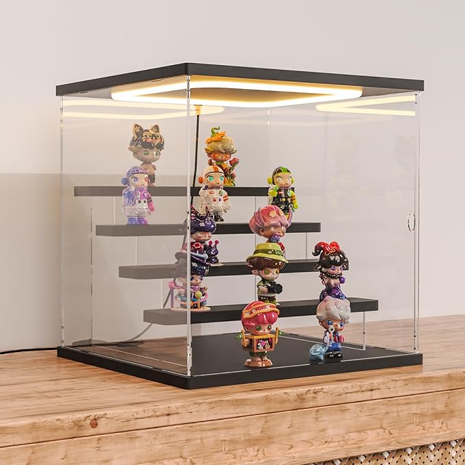 Nynelly Acrylic Lighted Display Case for Collectibles, 5 Tier Figure Display Box with Door and Steps, Assemble Dustproof LED Showcase Storage Box for Mini Figures, Funko Pop, Toys, Black