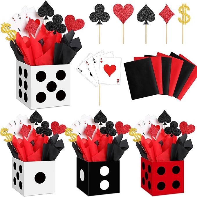 Zhanmai 12 Set Casino Theme Party Decorations 6 x 6 x 6 Inch Paper Poker Boxes Casino Centerpiece Sticks for Table Game Theme Night Decoration Gift Box for Poker Birthday Party Supplies