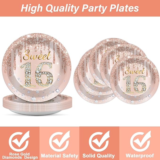 96PCS Rose Gold Sweet 16th Birthday Party Paper Plates and Napkins Sixteenth Birthday Party Decoration 16 Years Old Disposable Cake Dessert Tableware Set Serves 24 Guests Girls Ladies Supplies Favor
